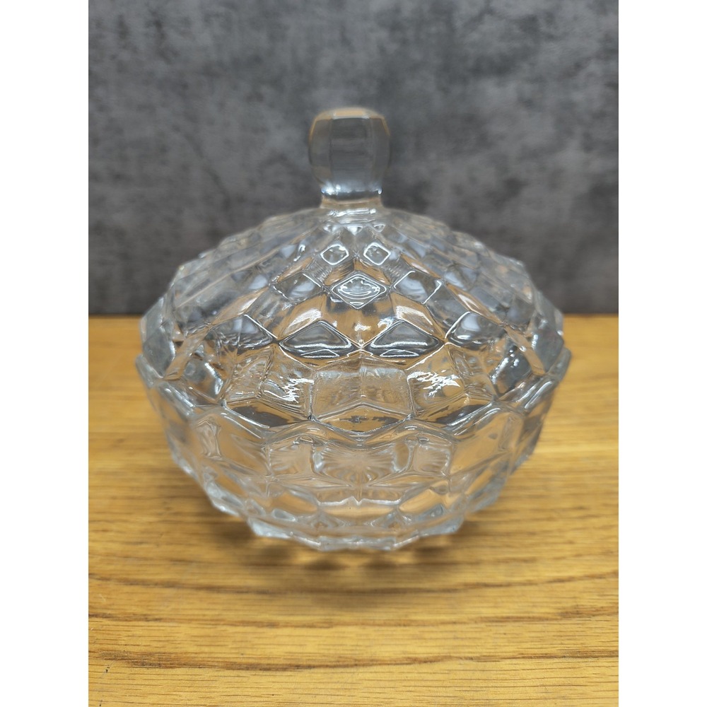 Vintage Indiana Glass Whitehall Cubist Clear Lidded Candy Dish‎ 5.25"